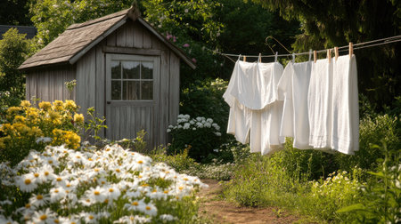 Fresh towels and bed linens hanging on a clothesline, with a quaint garden shed and blooming flowers in the background.の素材