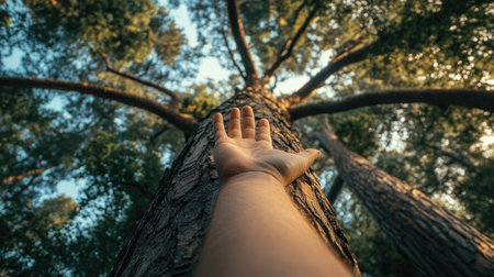 A small hand resting against the trunk of a massive tree, with the perspective showing the vast height of the tree above.の素材