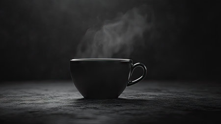 A black coffee cup on a black table, steam rising, with a textured black background.の素材
