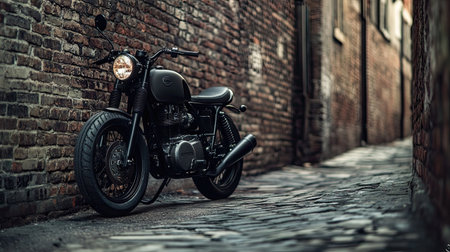 A black motorcycle parked in an alley, the matte finish contrasting against weathered bricks.の素材