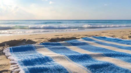 A blue-striped beach towel spread out on the sand, with the ocean waves visible in the background.の素材