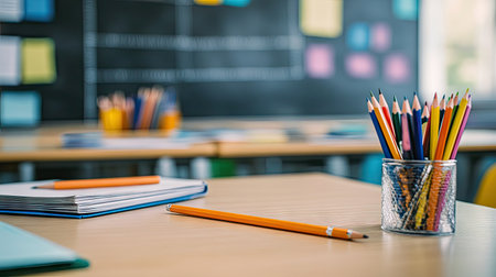 A close-up of educational materials like textbooks, pencils, and a chalkboard in a classroom setting, with an empty desk in focus.の素材