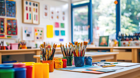 A classroom full of art supplies--paint, brushes, paper--set up for an art lesson, with colorful artwork displayed on the walls.の素材
