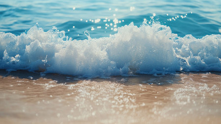 A close-up of blue ocean waves crashing gently against a sandy shore, with sunlight reflecting off the water.の素材