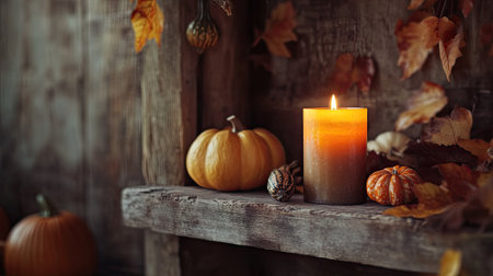 A burning candle on a rustic wooden shelf, surrounded by pumpkins, gourds, and autumn leaves, casting a warm autumnal light.の素材