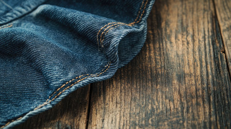 A close-up of blue denim jeans with detailed stitching, placed on a wooden surface for a rustic look.の素材
