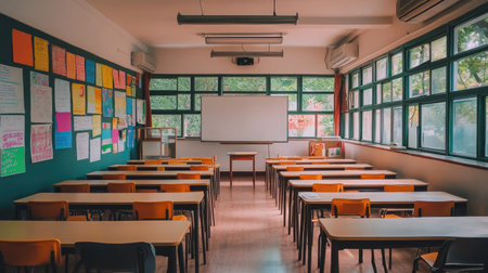 A brightly lit classroom with desks arranged neatly in rows, a whiteboard at the front, and colorful educational posters on the walls.の素材