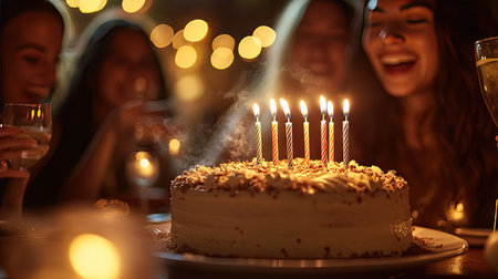 A close-up of a birthday cake with candles being blown out by a group of friends, while the cake glows softly in the dimly lit room.の素材