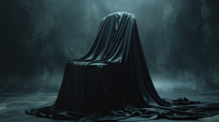 A black silk dress draped over a minimalist chair, set against a moody, shadowy background.の素材