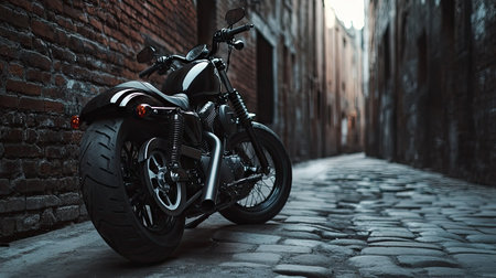 A black motorcycle parked in an alley, the matte finish contrasting against weathered bricks.の素材