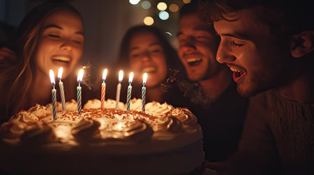 A close-up of a birthday cake with candles being blown out by a group of friends, while the cake glows softly in the dimly lit room.の素材