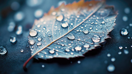 Macro shot of a single leaf with crystal-clear raindrops delicately balanced on its surface, reflecting light and creating a sense of tranquility.の素材