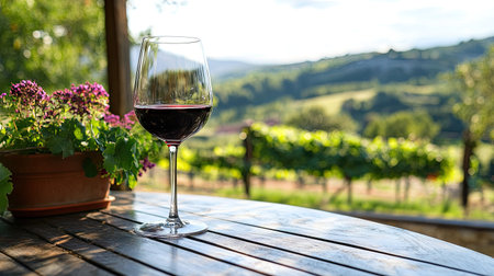 A glass of wine resting on an outdoor patio table, with a picturesque view of the countryside in the background.の素材