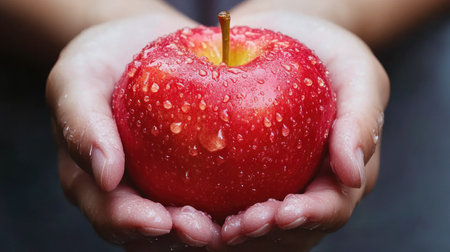 A person holding a freshly washed red apple with water droplets glistening, showcasing its freshness and crispnessの素材
