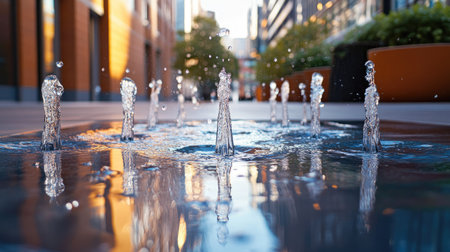 A close-up of small fountains splashing in a modern outdoor plaza, with reflections of nearby buildings in the water.の素材