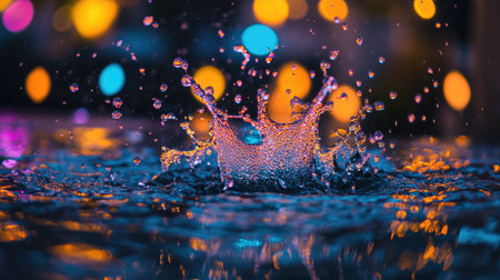 A close-up of water splashing from a fountain at night, with colored lights illuminating the water droplets.の素材
