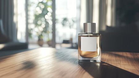 A minimalistic perfume bottle with a blank white label, standing on a wooden vanity table with soft reflections of light on its surfaceの素材