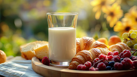 A glass of milk on a wooden breakfast tray, surrounded by croissants and fruit, with a sunny morning backdropの素材