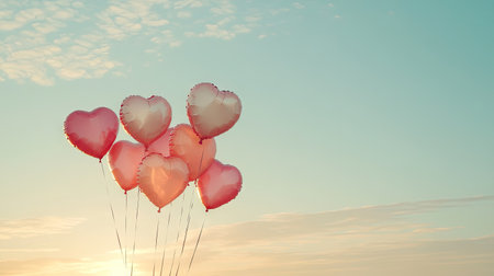 A group of heart-shaped balloons gently rising into a clear, calm sky, symbolizing love, joy, and celebrationの素材