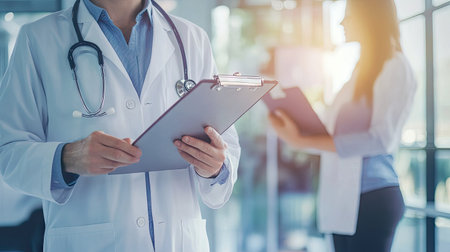 A doctor wearing a white coat and stethoscope, holding a clipboard and discussing health options with a patient in a bright officeの素材