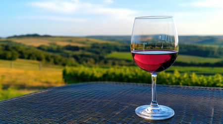 A glass of wine resting on an outdoor patio table, with a picturesque view of the countryside in the background.の素材