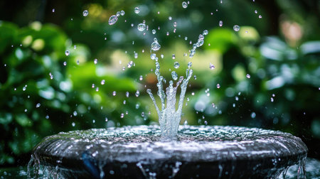 Water droplets flying in the air as they splash from a small garden fountain, with lush greenery in the background.の素材