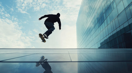 A skateboarder catching air in front of a modern city skyscraper, with smooth concrete and glass reflecting the action.の素材