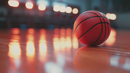 A close-up of a basketball resting on a clean, polished hardwood court, with the bright lights of a gym reflected on the surface.の素材