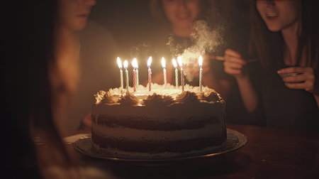 A close-up of a birthday cake with candles being blown out by a group of friends, while the cake glows softly in the dimly lit room.の素材
