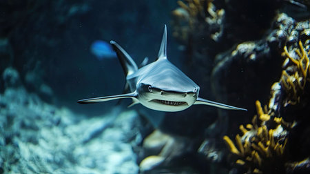 A close-up of a reef shark swimming, with its sharp fins and streamlined body visible as it glides over the reef.の素材