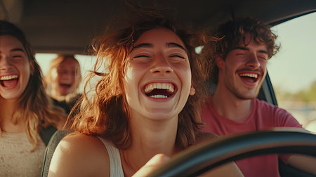 A happy moment of friends in a car, with the driver glancing back and everyone laughing, captured during a memorable road trip.の素材