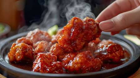 A hand reaching for a piece of Korean fried chicken drenched in a thick, sticky gochujang-based sauce, with steam rising from the dish.の素材