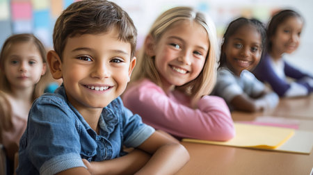 A group of smiling children sitting at desks in a bright classroom, looking forward to the school year.の素材