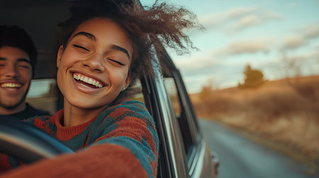 A close-up of happy young people sitting in a car, with one person leaning out of the window and smiling, as they drive through the countryside.の素材
