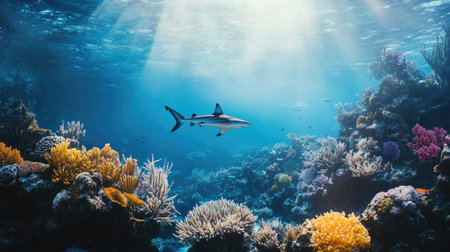 A diver observing a reef shark swimming in the distance, surrounded by a lush underwater ecosystem of coral and marine life.の素材