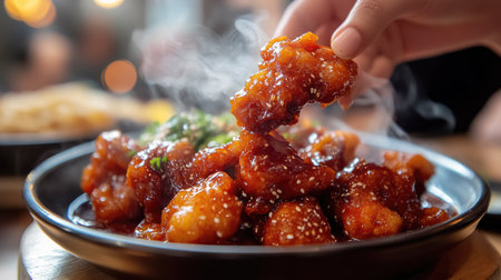 A hand reaching for a piece of Korean fried chicken drenched in a thick, sticky gochujang-based sauce, with steam rising from the dish.の素材