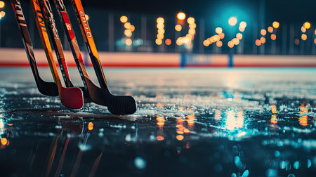A collection of hockey sticks and a puck placed on an ice rink, with the cool reflection of arena lights on the smooth surface.の素材