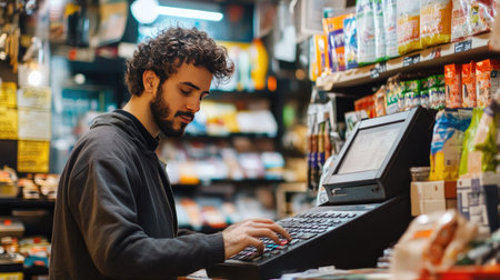 A shop owner using a calculator at the checkout counter, totaling up the cost of items with a cash register and product display behind.の素材
