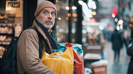 A man loaded with shopping bags, looking amused and tired as he waits outside a store while his partner shops.の素材