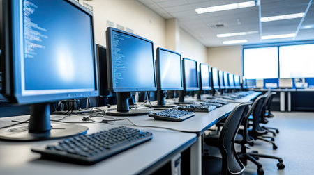 A computer lab classroom with rows of monitors and keyboards, ready for students to engage in digital learning.の素材