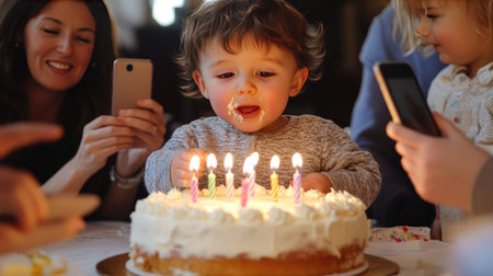A toddler excitedly blowing out candles on their first birthday cake, with family members capturing the moment on their phones.の素材