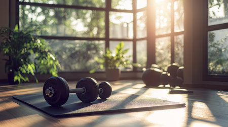 A set of dumbbells and a kettlebell resting on a gym mat in a modern, empty fitness studio, with sunlight streaming through the windows.の素材