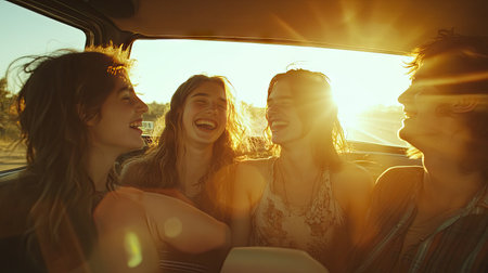 A group of young friends laughing and chatting inside a car, with the windows down and sunlight streaming in, ready for a road trip adventure.の素材