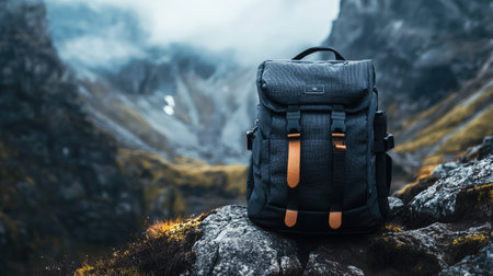 A stylish black backpack against the backdrop of a rugged mountain trail.の素材