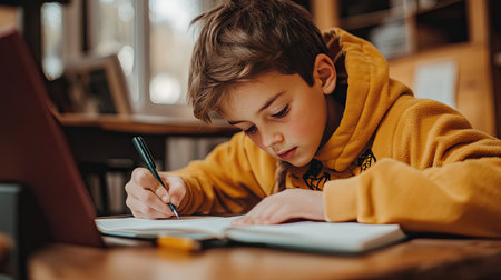 A young student at their desk, concentrating as they take notes in a new notebook on the first day back to school.の素材