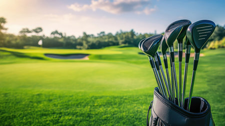 A set of neatly arranged golf clubs in a bag, placed on a grassy golf course with a view of the green and distant flag.の素材