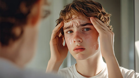 A teenager standing in front of the mirror, touching irritated skin around their forehead and nose, looking frustrated.の素材