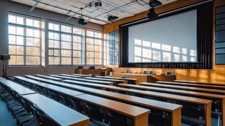 A spacious lecture-style classroom with a large projector screen, rows of long desks, and ample natural light filling the room.の素材