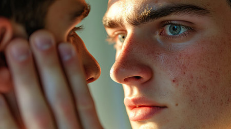 A young man closely inspecting his reflection, noticing blackheads and clogged pores on his nose.の素材