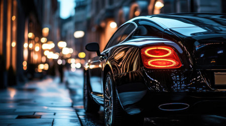 A sleek black luxury car parked on a city street at night, reflecting the glow of streetlights.の素材